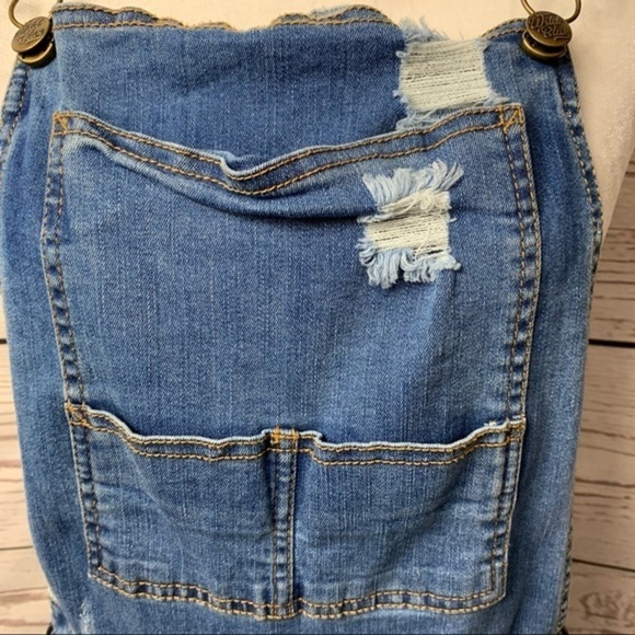 Wild Blue Denim Distressed Overall Bib Shorts - Picture 2 of 9